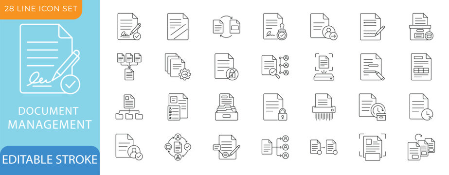 Document Management Line Icon Set.File, Archiving,Indexing Ocr, Metadata and Encryption.Editable Vector Illustration.
