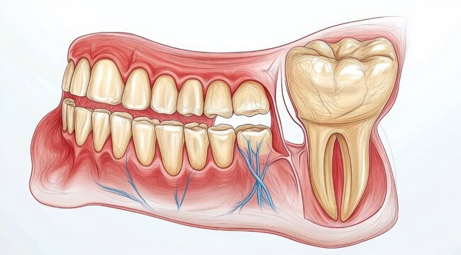 Clinical anatomical illustration of a lower jaw and gum showing full lower teeth, nerves and blood vessels with a magnified molar cross-section revealing pulp chambers and root canals