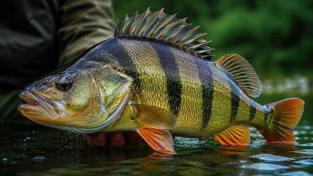 Fresh yellow perch fish held above water with detailed scales and sport fishing catch portrait