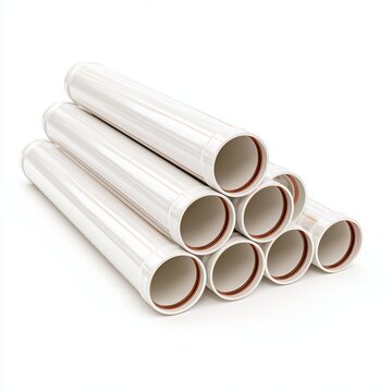 PVC sewerage pipes measure 100mm on white backgrounds.