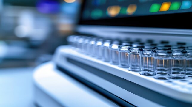 close-up of rows of clear glass vials on an automated laboratory analyzer with blurred monitor lights, conveying sterile precision and focused efficiency