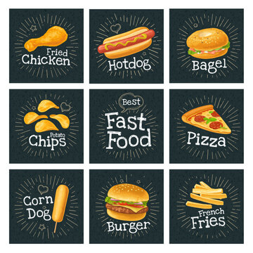 Set fast food banner. French fry stick potato, chips, roasted chicken leg, hamburger, hotdog, pizza, donut, bagel, corndog. Vector color realistic isolated illustration without gradient