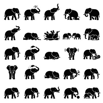 Diverse Elephant Icons Collection Black Vector Graphics Set