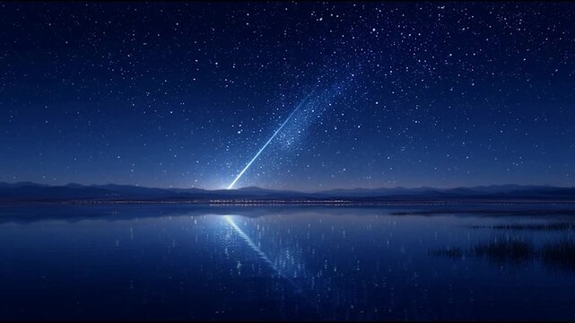 Star-filled night, meteor descends over reflective lake, peaceful and magical