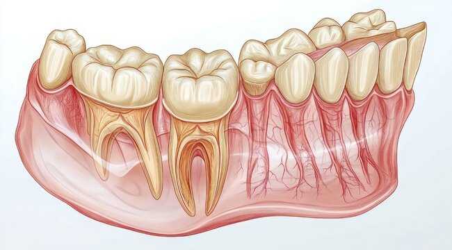 Clinical cross-sectional dental illustration of lower jaw showing molars and premolars with crowns, roots, pulp chambers, gums and blood vessels, informative and educational