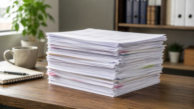 Large stack of office paperwork documents on desk representing administration records and workflow