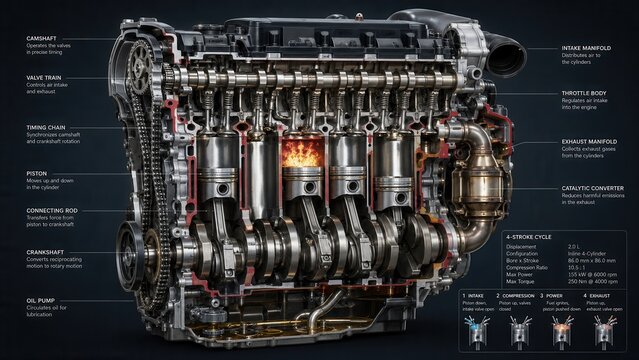Detailed internal combustion engine cross section diagram showing mechanical components and four stroke cycle
