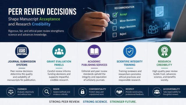 Peer review decisions process infographic for manuscript evaluation research quality and publication
