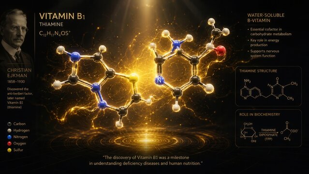 Vitamin B1 thiamine molecular structure infographic illustrating nutrition biochemistry and metabolism