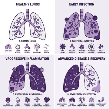 Diagram of Healthy Lungs Viral Infection Progression and Recovery Stages