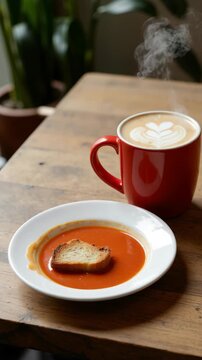 Sip warm beverage with soup-filled bread