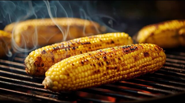Close-up of corn grilling over flames, delicious food