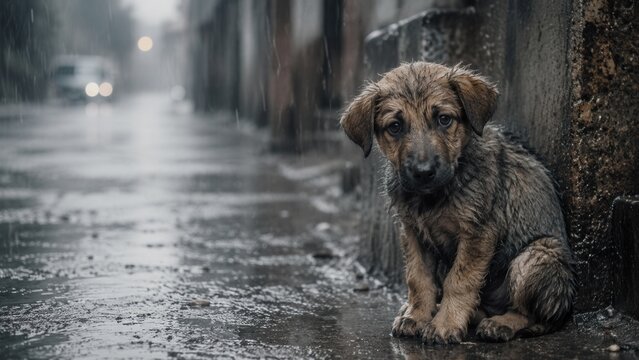 Lonely abandoned puppy sitting in heavy rain on wet city street seeking shelter and compassion