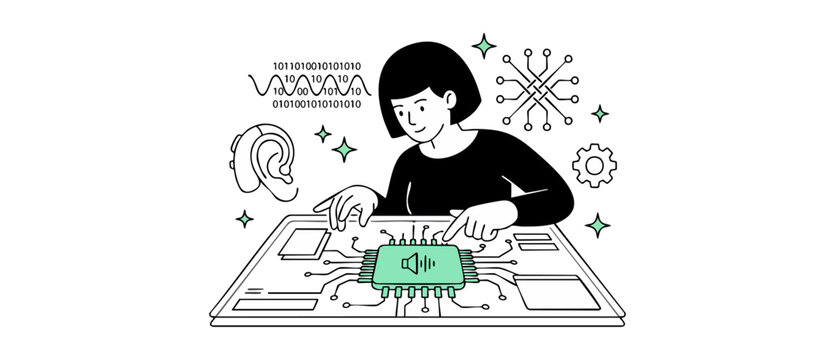 Hearing aid technology developer working on digital audio microchip circuit board for sound accessibility, flat line vector illustration of a female engineer programming modern medical devices system.