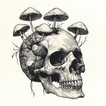 detailed monochrome ink skull with mushrooms and roots sprouting, evoking eerie decay and quiet rebirth