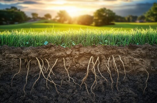 Sunlit green grass with exposed roots and soil cross-section above a peaceful field and distant trees at sunrise, evoking growth and calm