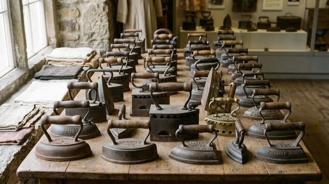 Collection of vintage antique flat irons on wooden table
