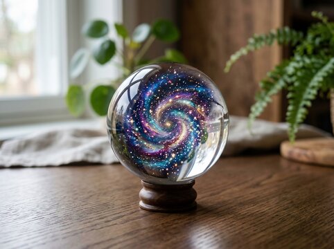 Crystal ball with a glowing galaxy inside on a wooden table