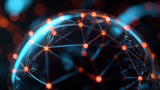 Translucent glass-like sphere filled with glowing orange nodes linked by blue filaments against a dark bokeh background, evoking futuristic wonder and connectivity