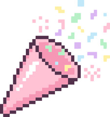Fototapeta premium Pixel art party popper with colorful confetti, retro 8-bit style celebration icon, pink festive cracker vector illustration for gaming and events