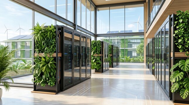 Sustainable green data center with server racks and vertical gardens, solar panels and wind turbines visible outside large glass windows in modern eco-friendly technology facility.
