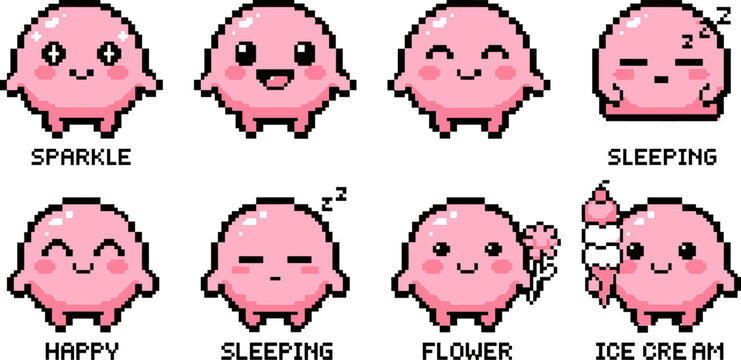 Pixel art pink blob character set with 8 cute monster icons, retro gaming aesthetic creature sprites, kawaii slime mascot vector illustrations