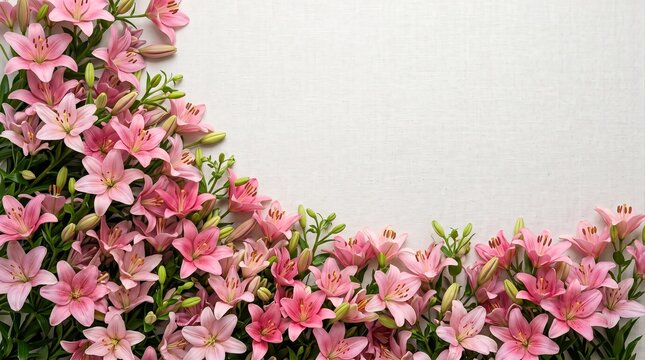 Elegant pink lily flowers arranged in a decorative corner on a clean white background with copy space, suitable for wedding invitations, beauty branding, greeting cards, spring promotions, and floral 