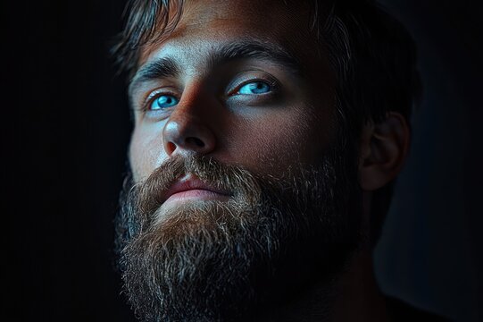 Low-key portrait of a bearded man with short hair and visible ear, center of face obscured by a dark square, dramatic side lighting, moody and contemplative atmosphere