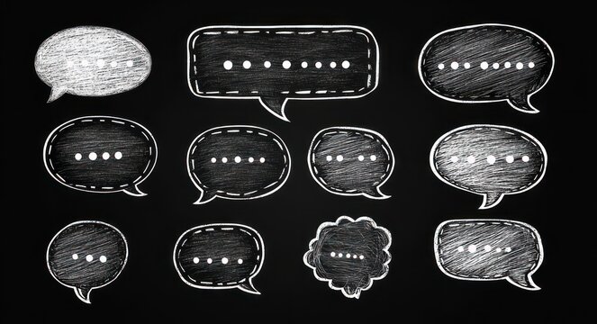 twelve chalk-drawn speech and thought bubbles with ellipsis on a blackboard background suggesting pause, silence and collective contemplation