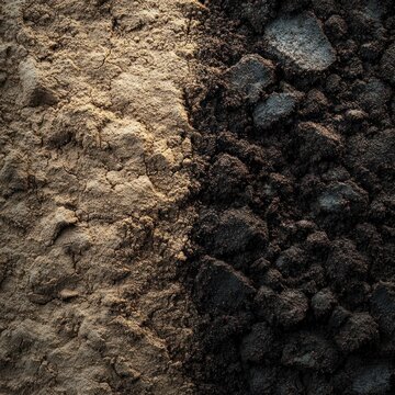 Close-up of contrasting light sand and dark rich soil in textured piles, earthy tones and tactile contrast evoking grounded calm