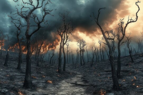 Haunting charred forest of skeletal trees, smoldering ground and a distant wildfire glowing beneath brooding smoky skies