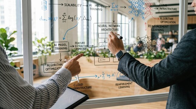 Professionals analyzing AI model training flowchart, neural network architecture, and machine learning algorithms on glass board in modern office environment