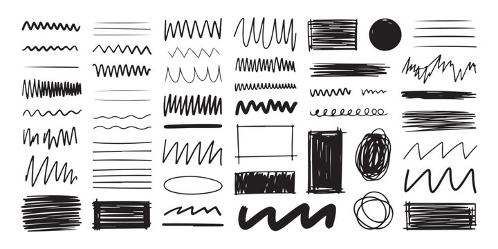 Big collection of various black hand drawn scribbles lines circles frames shapes and markers isolated on a plain white background set.