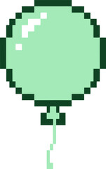 Fototapeta premium Pixel art green balloon icon, retro 8-bit style party decoration vector, vintage video game aesthetic balloon with string on white background