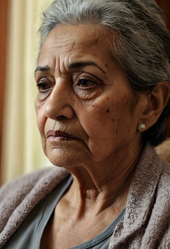Close up portrait of an elderly indian woman with gray hair and a pearl earring, looking away with a thoughtful expression