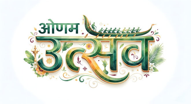 Onam utsav india traditional festival hindi typography logo concept on background.

