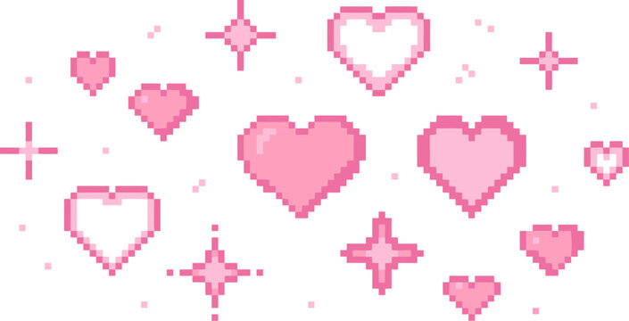 Pixel art pink hearts and sparkles vector set, retro 8-bit aesthetic heart icons, cute gaming style romantic elements for digital design