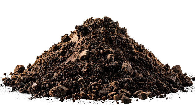 Mound of dark, rich soil with clods and texture against black background