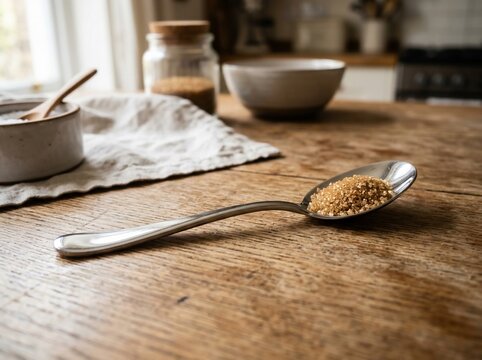 spoon with brown sugar on a rustic wooden kitchen table