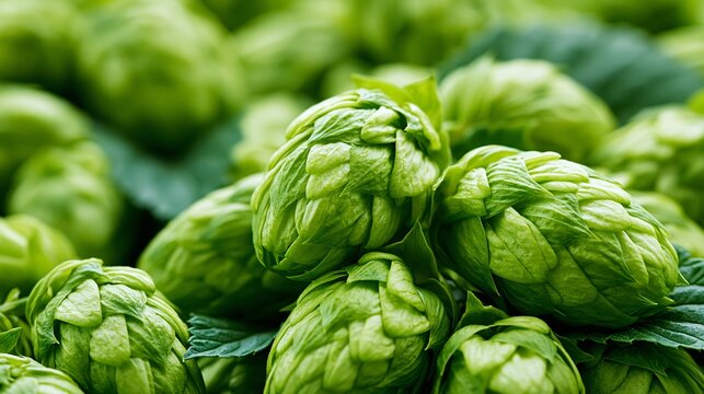 Fresh green hop cones clustered together on leafy plant background.