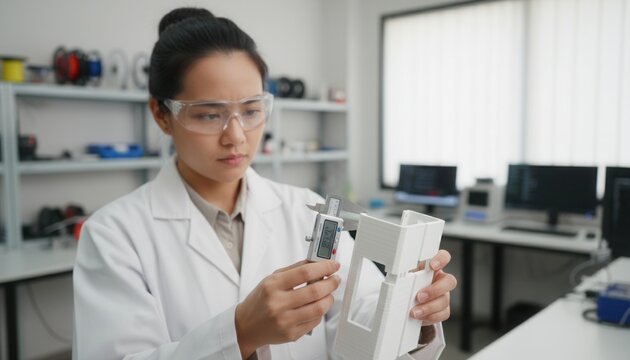 Southeast Asian industrial engineer inspecting a 3D printed prototype enclosure using high precision digital calipers in a lab