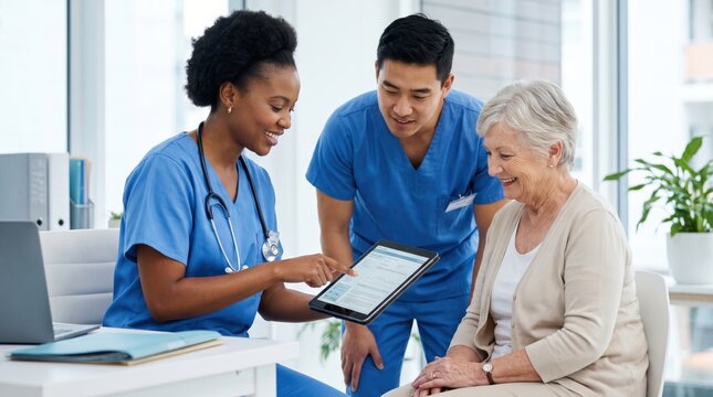 Smiling diverse nurses showing health report on tablet to happy senior woman patient in bright clinic, representing compassionate elderly care, medical consultation, and profess...