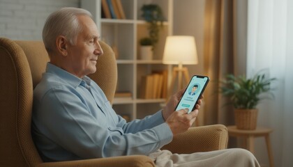 Obraz premium Senior man sitting in a comfortable armchair at home using a smartphone for a virtual telemedicine consultation with a physician