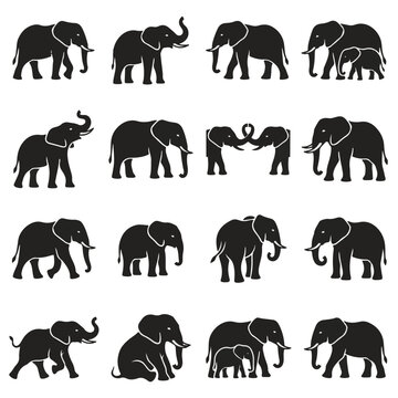 Set of 16 Graphic Elephant Icons Flat Black Collection