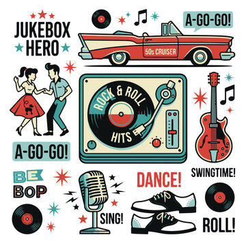 Retro 1950s Rock and Roll Party Elements with Car Dancing Couple and Music