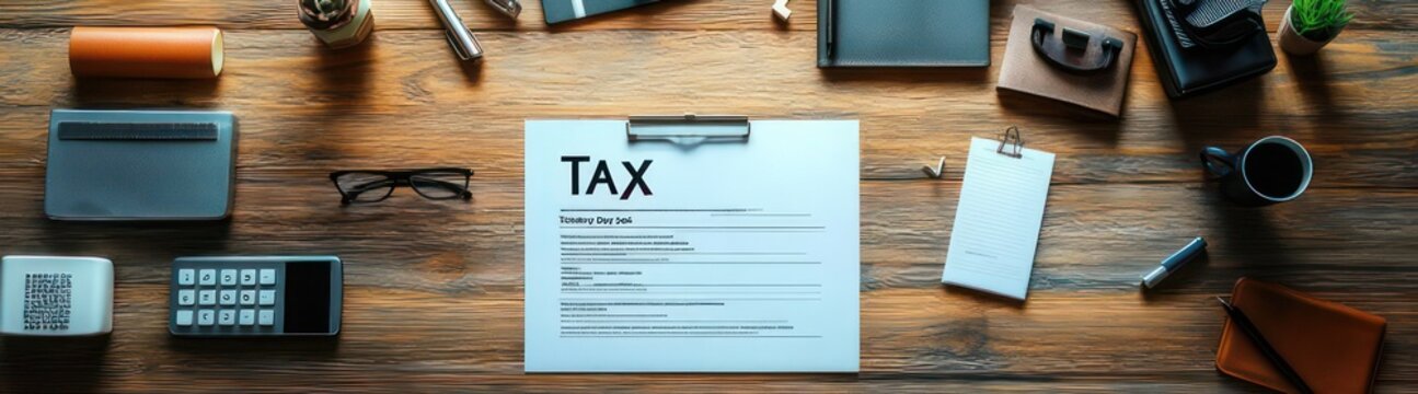 top view of a wooden desk with a tax form on a clipboard surrounded by calculator glasses smartphone notepad pens coffee cup wallet stapler and office supplies conveying a focused serious mood