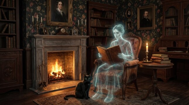 Haunted victorian library ghostly reader with black cat by fireplace