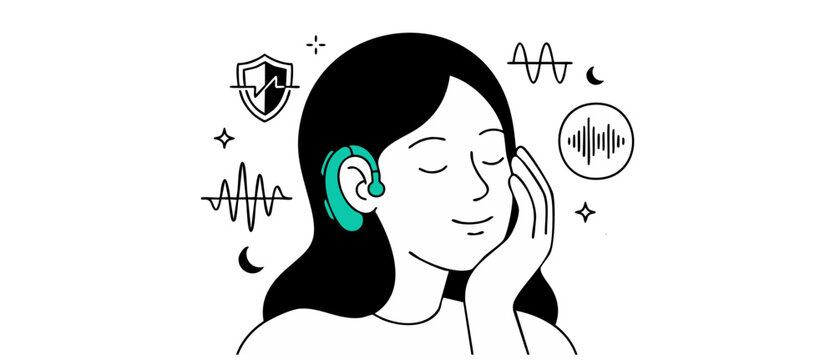 Hearing aid woman line art smiling with soundwaves representing audio protection and tinnitus relief, minimalist flat vector illustration for auditory health, hearing care technology and wellness
