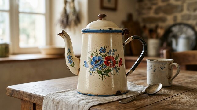 Vintage floral enamel coffee pot on a rustic wooden table
