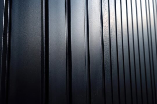 dark vertical ribbed metal panels close-up with reflective texture, sleek minimalist industrial wall conveying calm austere mood